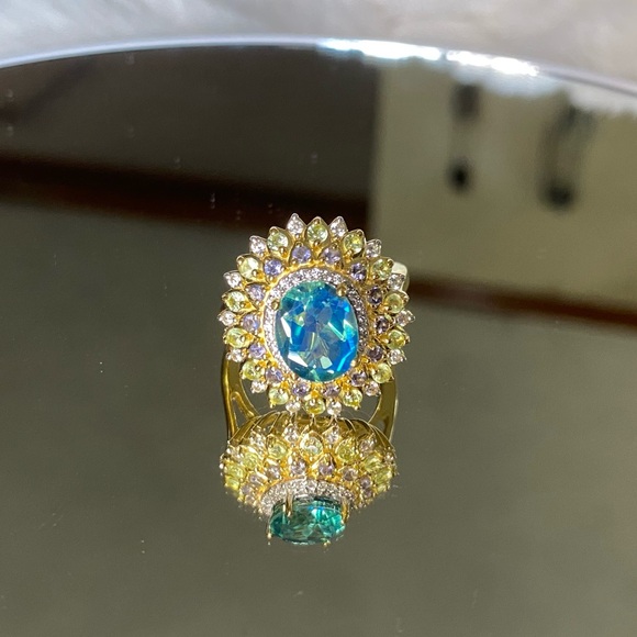 Brand NWT Peacock Quartz, Multi Gemstone Dahlia Floral Ring 4.15 ctw size 7 - Picture 5 of 7